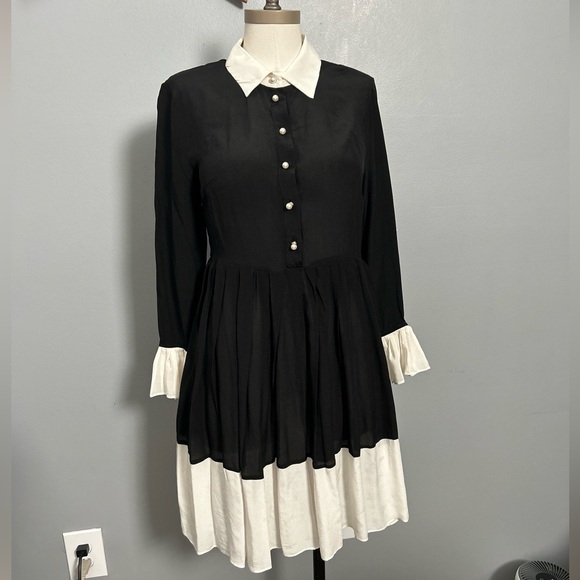 Beulah Silk Pleated Black White Collared Below Knee Dress, Size M - Picture 1 of 16